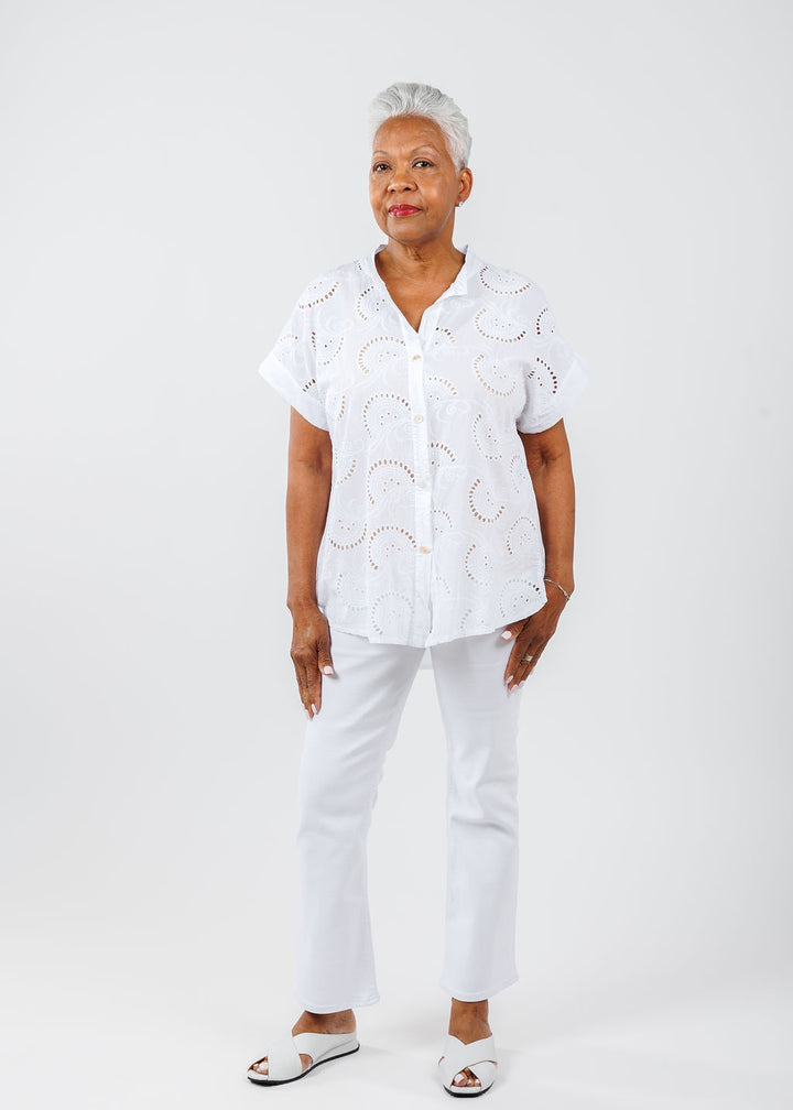 BK Short Sleeve Eyelet Shirt in White available at Barbara Katz