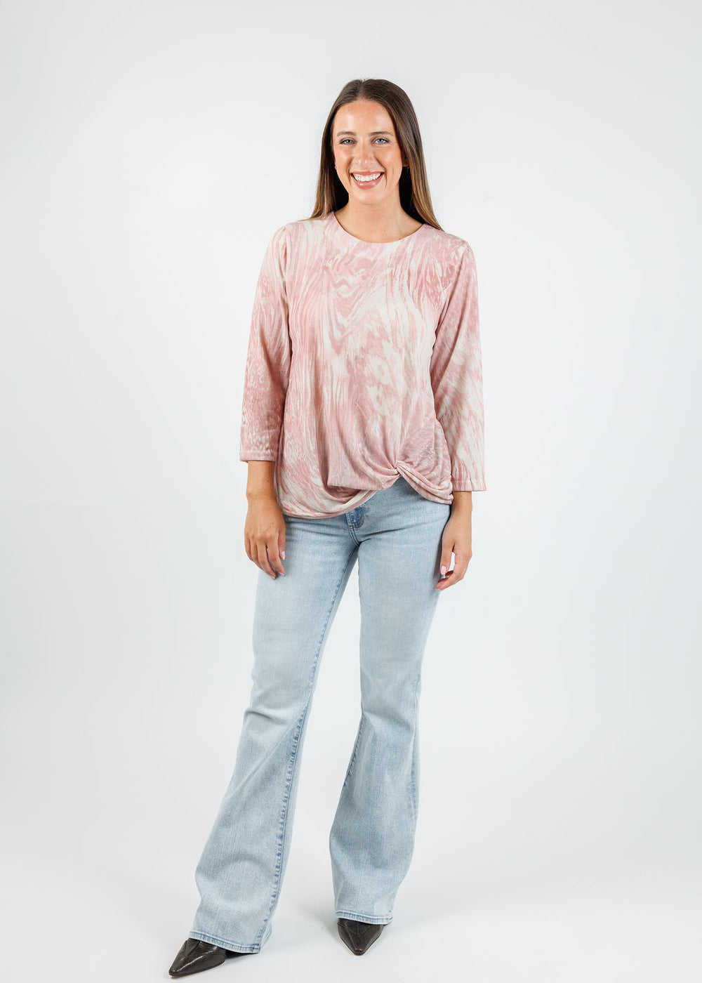 BK Lexi Twist Mixed Animal Top in Quartz Fossil paired with Pistola Mid Rise Ultra Flare Jeans in Serenity available at Barbara Katz