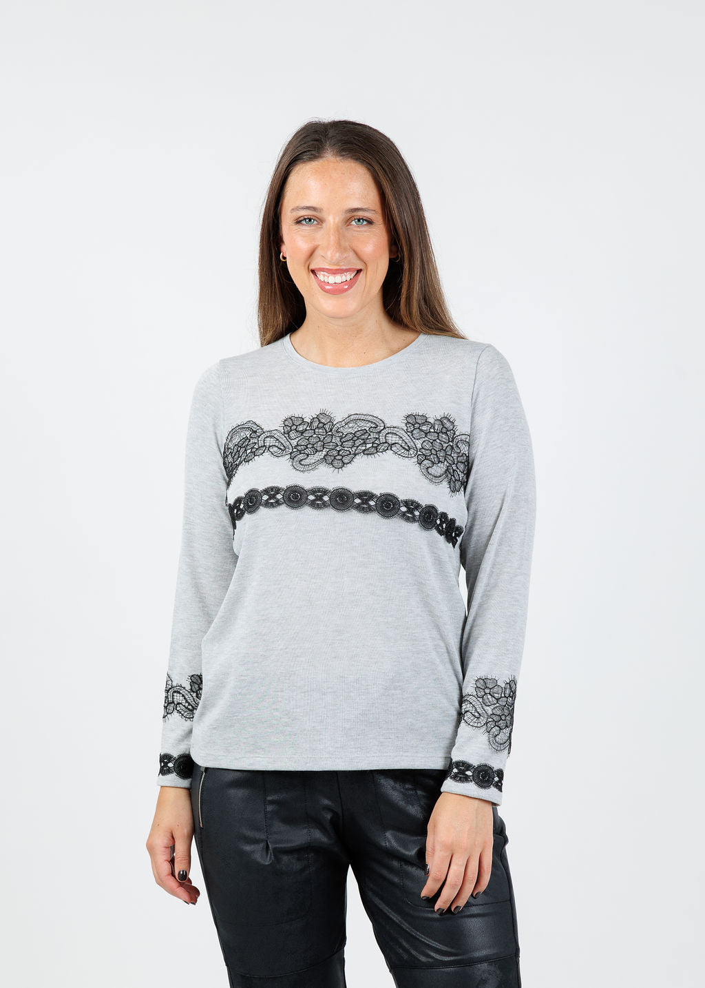 Bariloche Arcobriga Lace Detail Top in Light Grey available at Barbara Katz