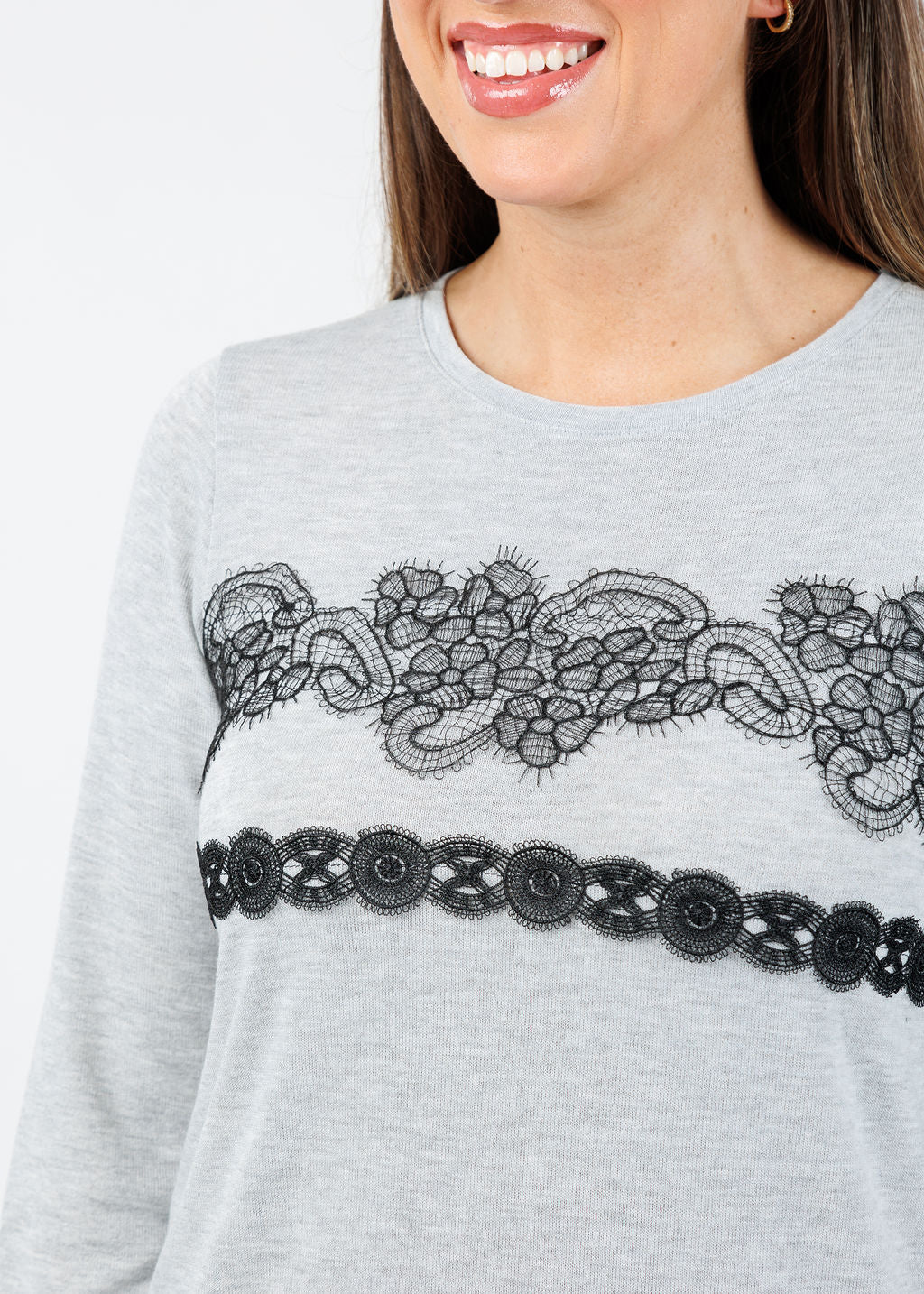 Bariloche Arcobriga Lace Detail Top in Light Grey available at Barbara Katz