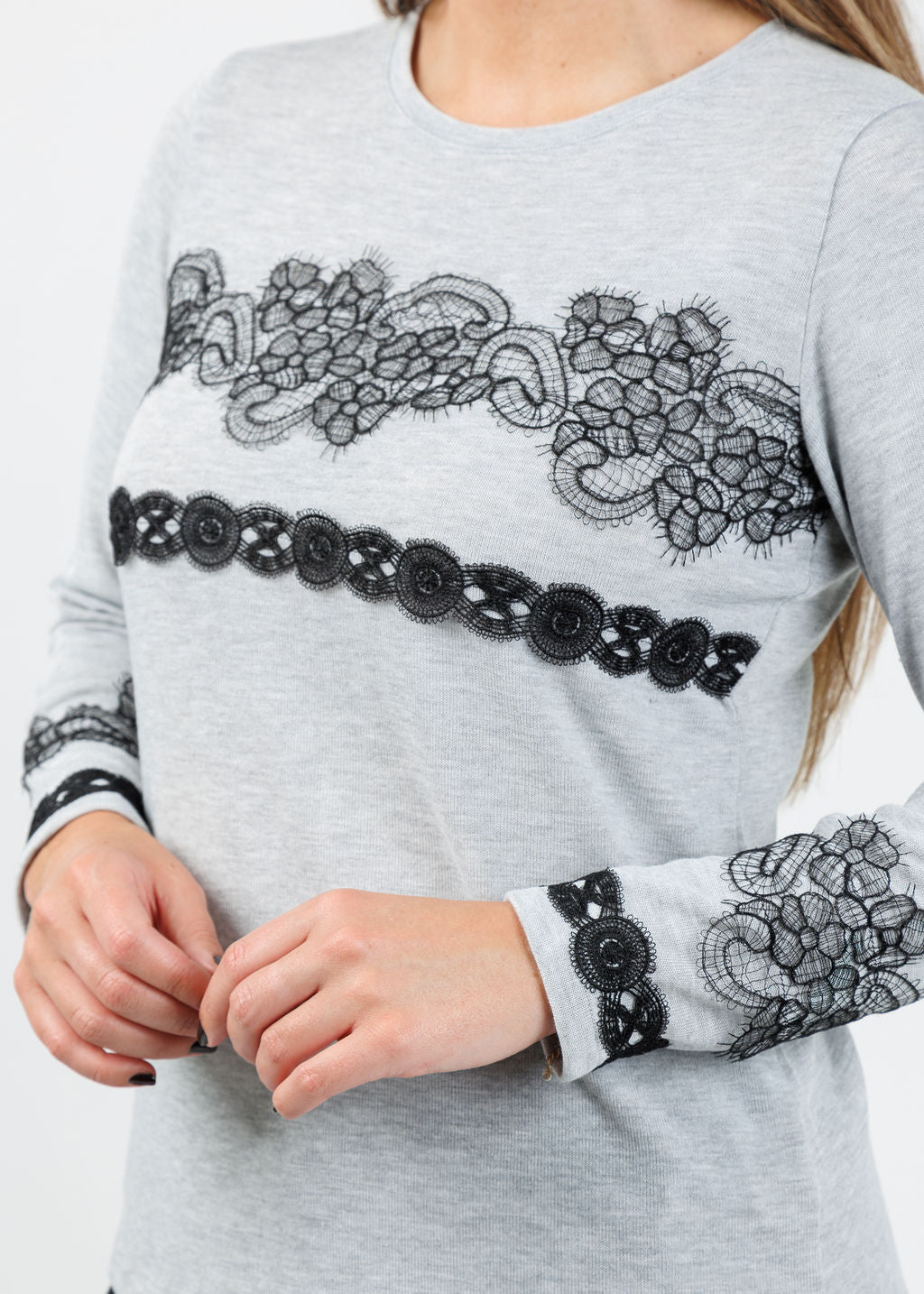 Bariloche Arcobriga Lace Detail Top in Light Grey available at Barbara Katz