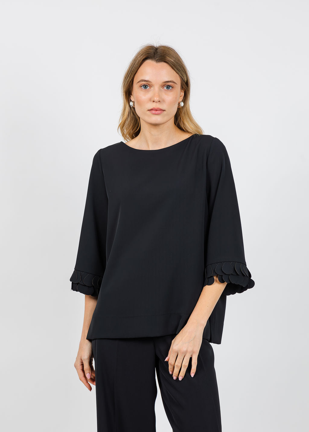 Bariloche Palau Crepe 3/4 Sleeve Top in Black available at Barbara Katz