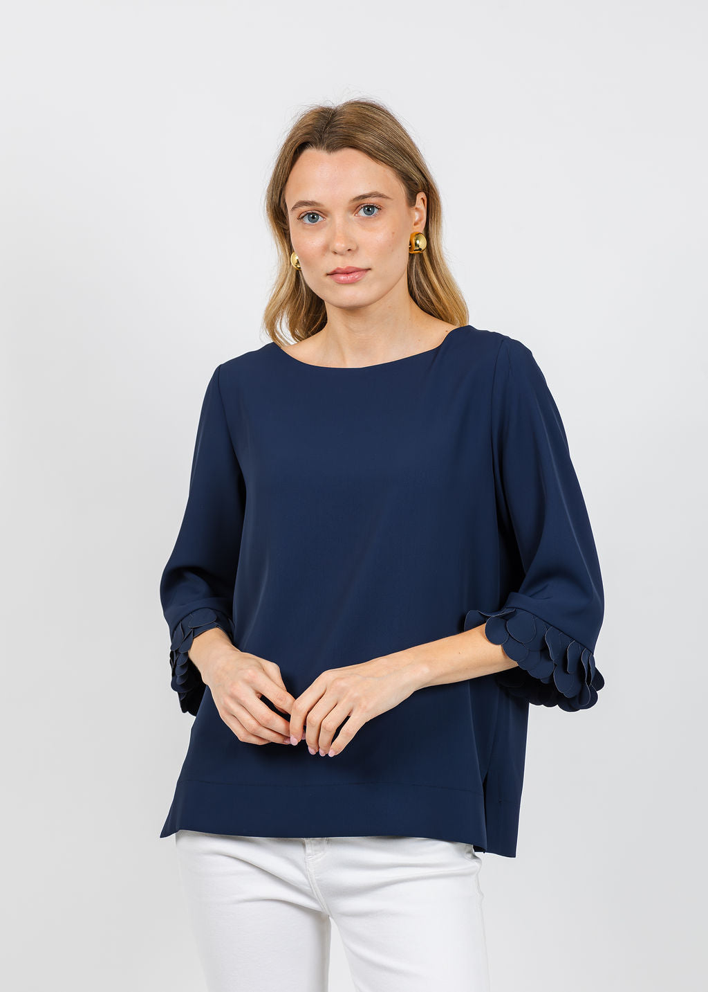 Bariloche Palau Crepe 3/4 Sleeve Top in Navy available at Barbara Katz