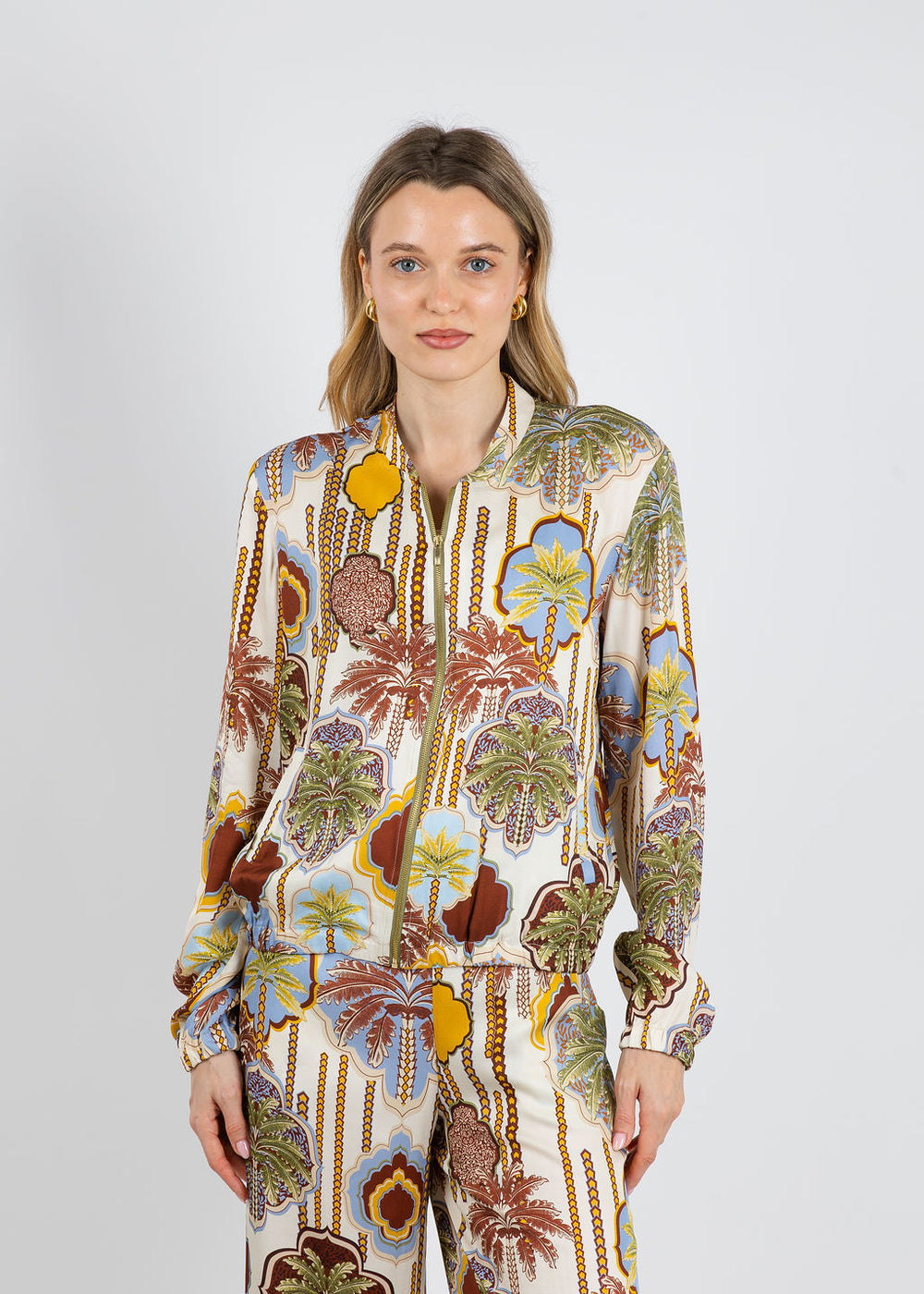 Bariloche Tuvalu Printed Silky Bomber Jacket in Chocolate available at Barbara Katz