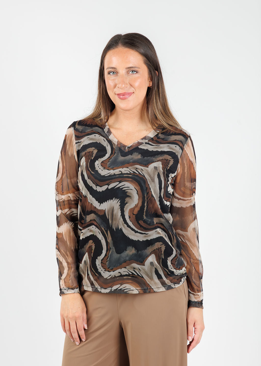BK Bella Sheer Sleeve Top in Biscot Erosion available at Barbara Katz