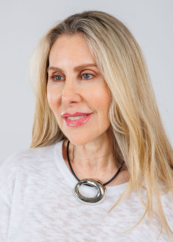Ben Amun Black Cord Necklace With Silver Open Pendant available at Barbara Katz