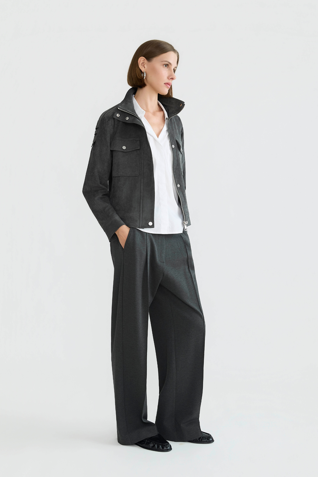 Adroit Atelier Benji Wide-Leg Stretch Ponte Trousers in Anthracite available at Barbara Katz