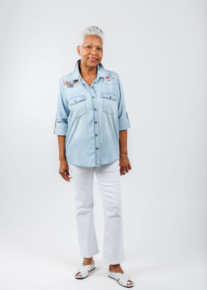 Billy T Butterfly Kiss Denim Shirt paired with Pistola Lennon High Rise Crop Boot Jeans in Vivid White available at Barbara Katz