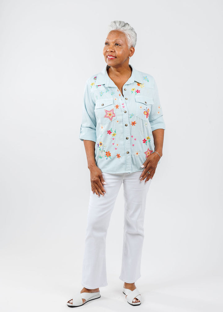 Billy T Sketchbook Minty Embroidered Denim Shirt paired with Pistola Lennon High Rise Crop Boot Jeans in Vivid White available at Barbara Katz