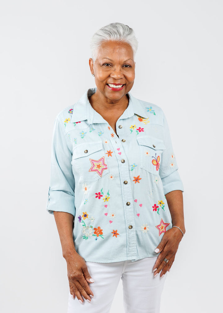 Billy T Sketchbook Minty Embroidered Denim Shirt available at Barbara Katz