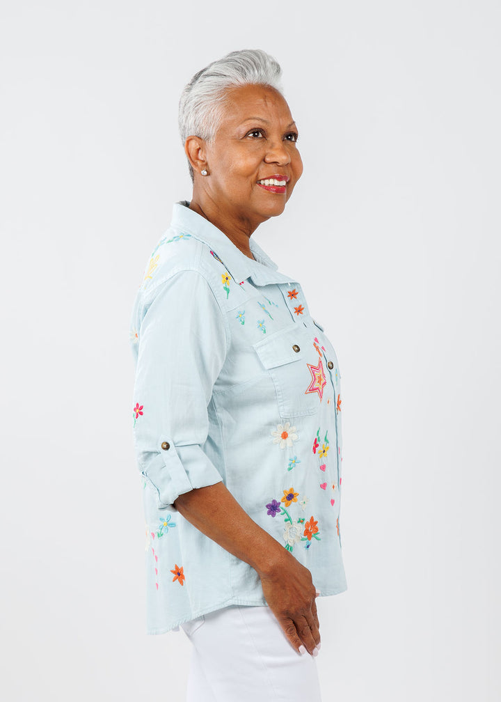 Billy T Sketchbook Minty Embroidered Denim Shirt available at Barbara Katz