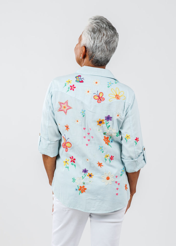 Billy T Sketchbook Minty Embroidered Denim Shirt available at Barbara Katz