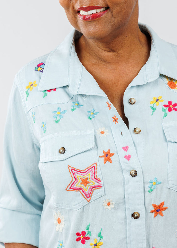 Billy T Sketchbook Minty Embroidered Denim Shirt available at Barbara Katz