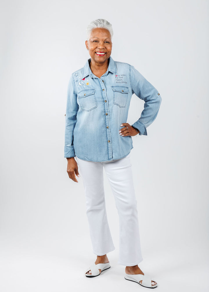 Billy T Moon and Stars Denim Shirt paired with Pistola Lennon High Rise Crop Boot Jeans in Vivid White available at Barbara Katz