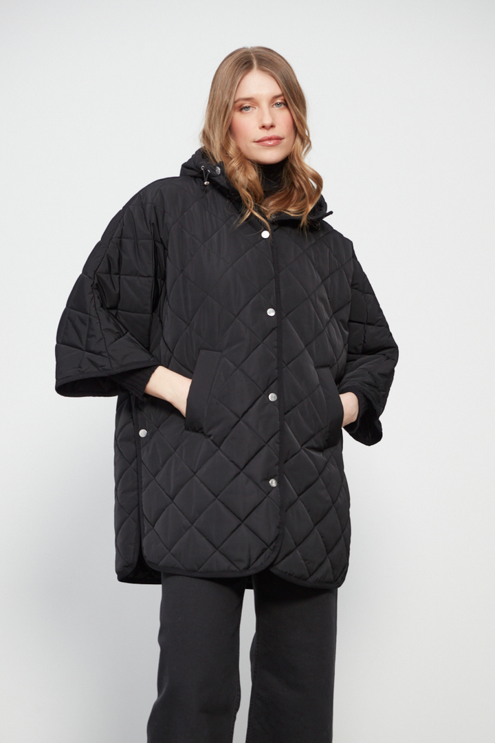 Adroit Atelier Birdie Mid Length Hooded Modern Cape in Black available at Barbara Katz
