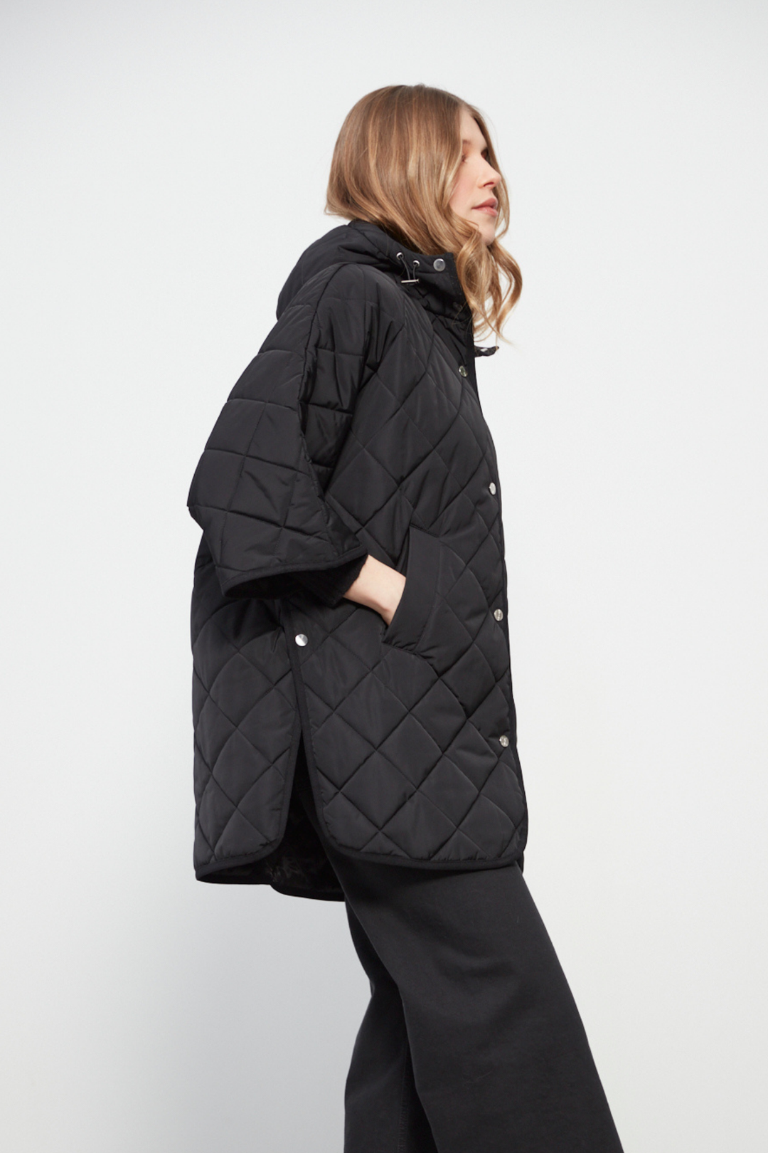 Adroit Atelier Birdie Mid Length Hooded Modern Cape in Black available at Barbara Katz