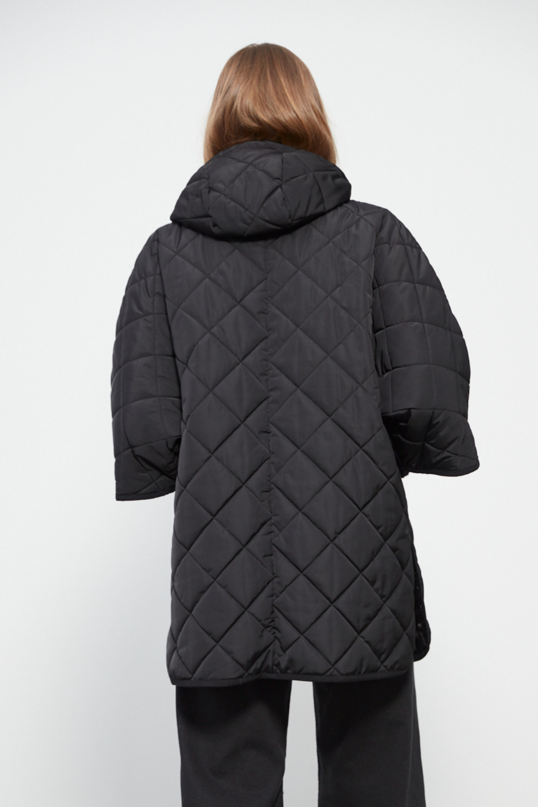 Adroit Atelier Birdie Mid Length Hooded Modern Cape in Black available at Barbara Katz