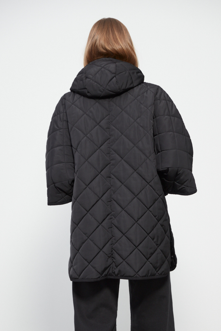 Adroit Atelier Birdie Mid Length Hooded Modern Cape in Black available at Barbara Katz
