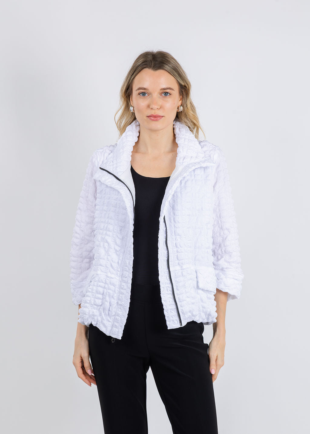 Bk Crinkle Zip Jacket in White available at Barbara Katz