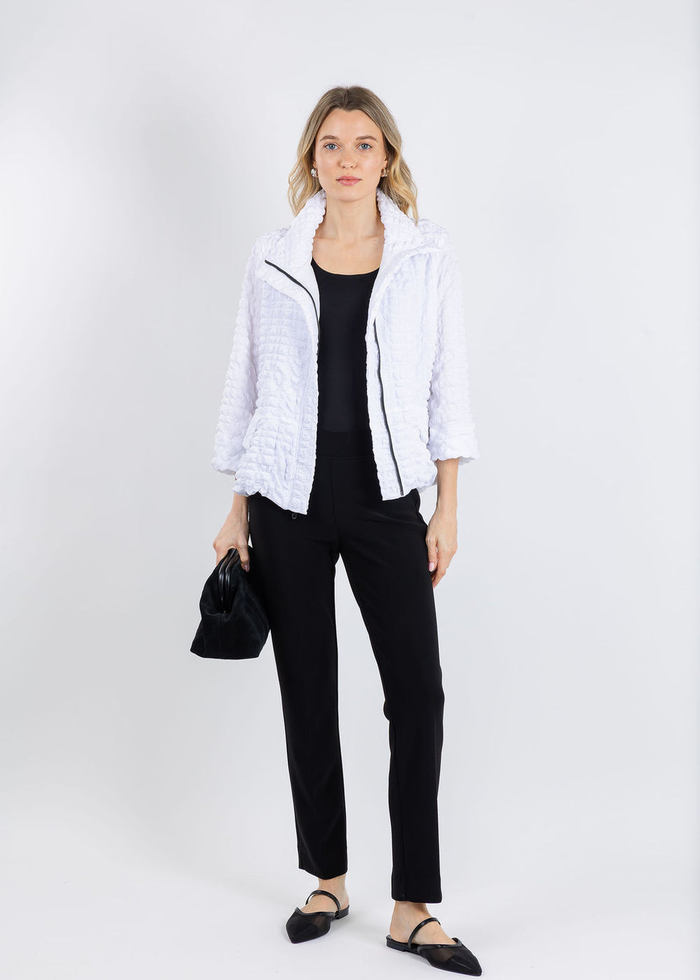Bk Crinkle Zip Jacket in White available at Barbara Katz
