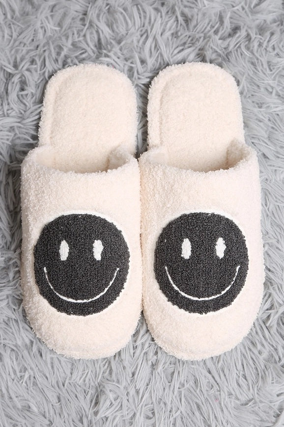 Happy Face Fuzzy Slippers - Black