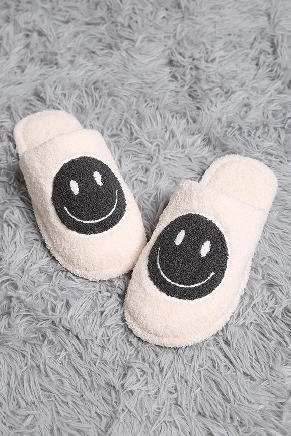 Happy Face Fuzzy Slippers - Black