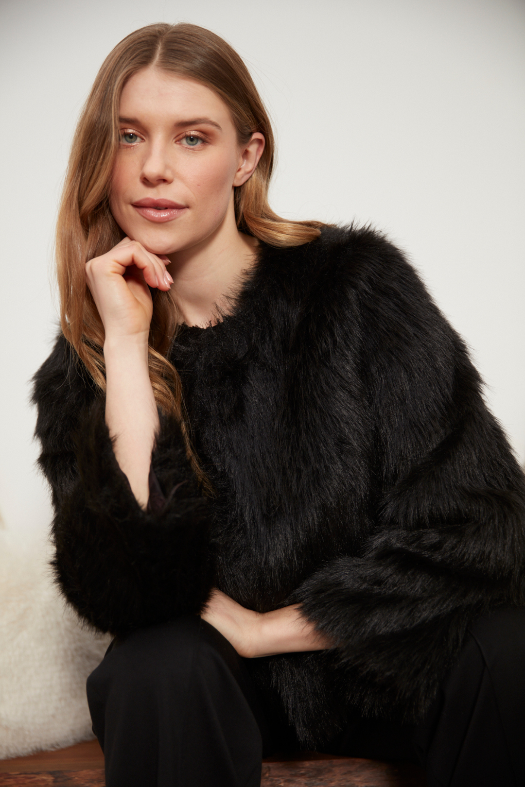Adroit Atelier Blaine Collarless Faux Fur Jacket in Black available at Barbara Katz