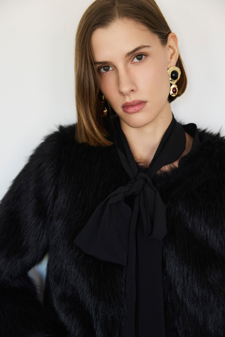 Adroit Atelier Blaine Collarless Faux Fur Jacket in Black available at Barbara Katz