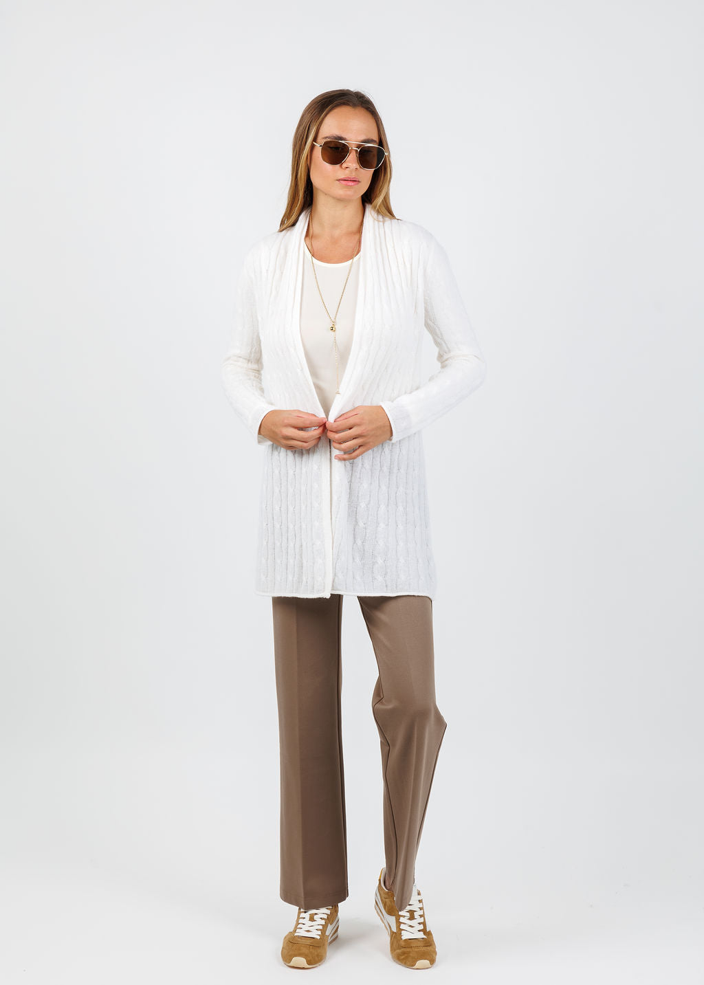 BK Breezy Cashmere Mini Cable Duster in White available at Barbara Katz