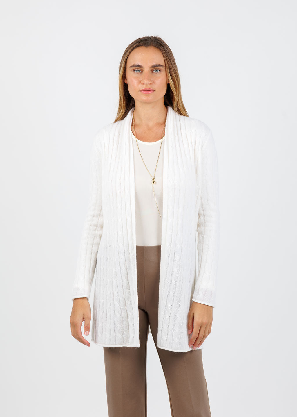 BK Breezy Cashmere Mini Cable Duster in White available at Barbara Katz
