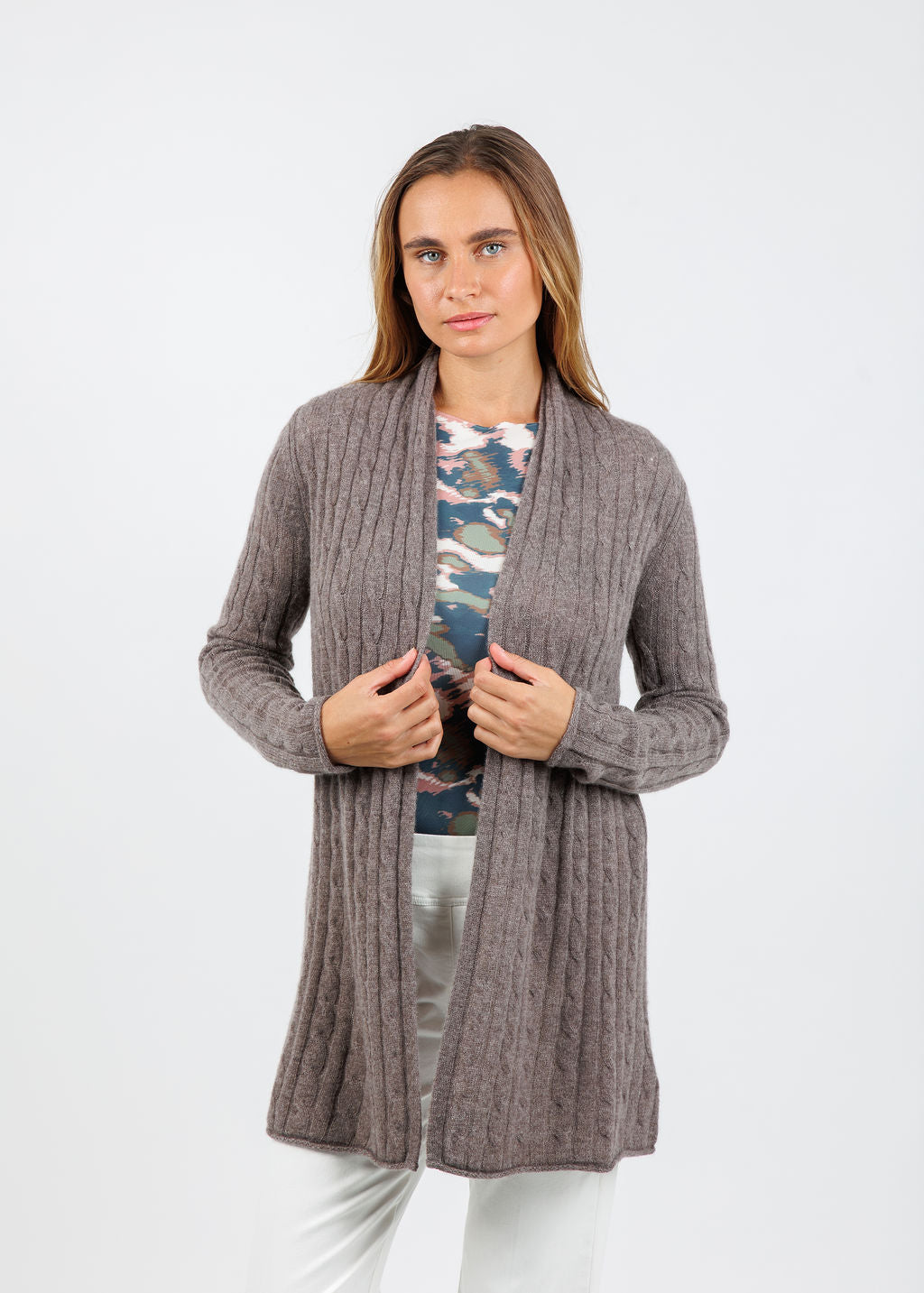 BK Breezy Cashmere Mini Cable Duster in Portobello available at Barbara Katz