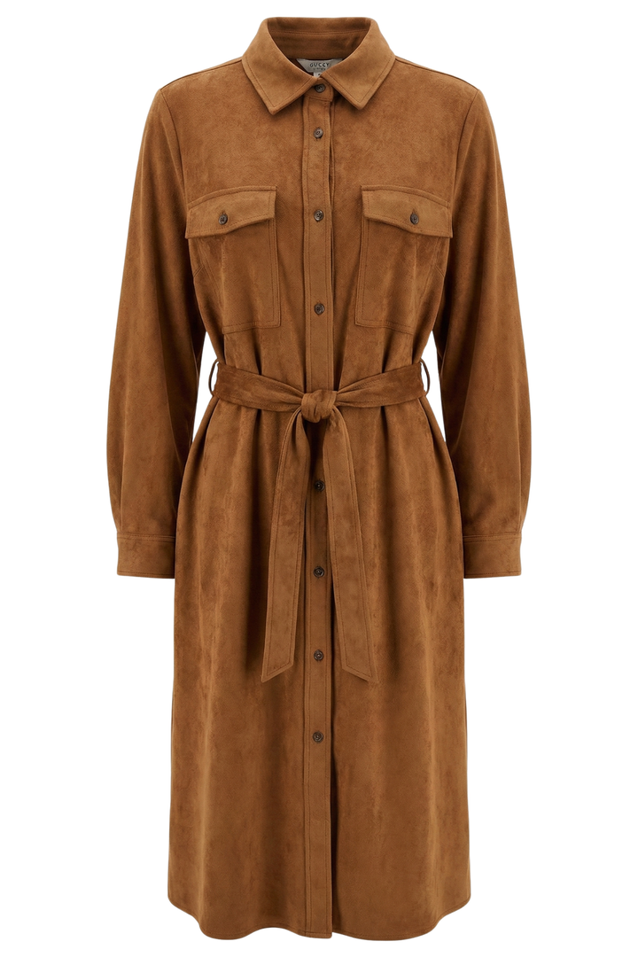 Adroit Atelier Bridget Long Buttoned Front Faux Suede Overcoat With Removable Belt in Camel available at Barbara Katz