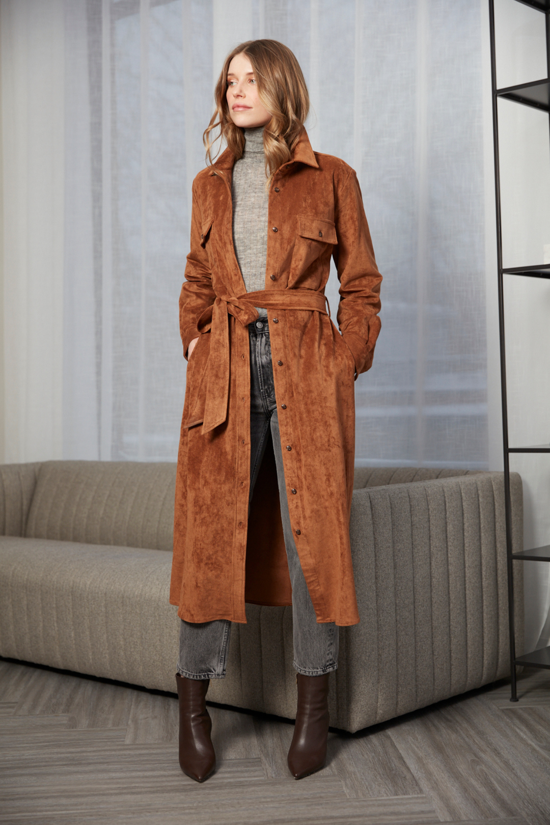 Adroit Atelier Bridget Long Buttoned Front Faux Suede Overcoat With Removable Belt in Camel available at Barbara Katz