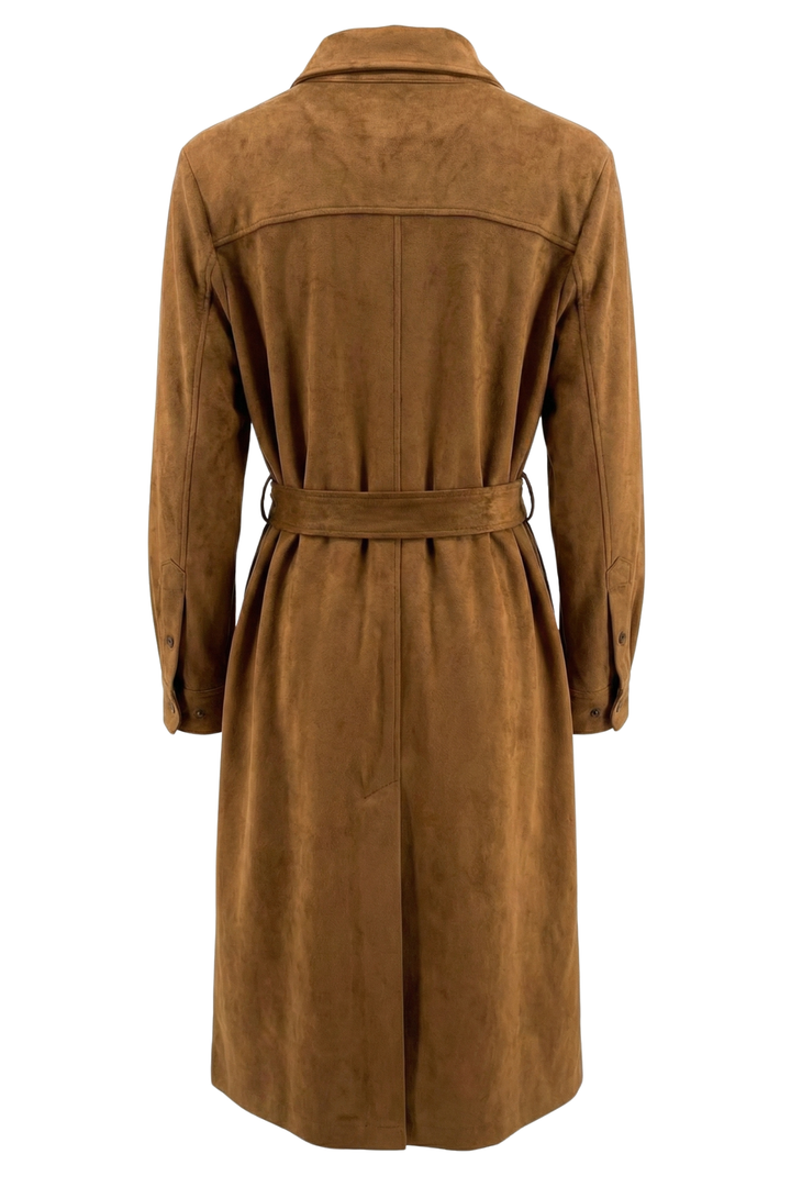 Adroit Atelier Bridget Long Buttoned Front Faux Suede Overcoat With Removable Belt in Camel available at Barbara Katz