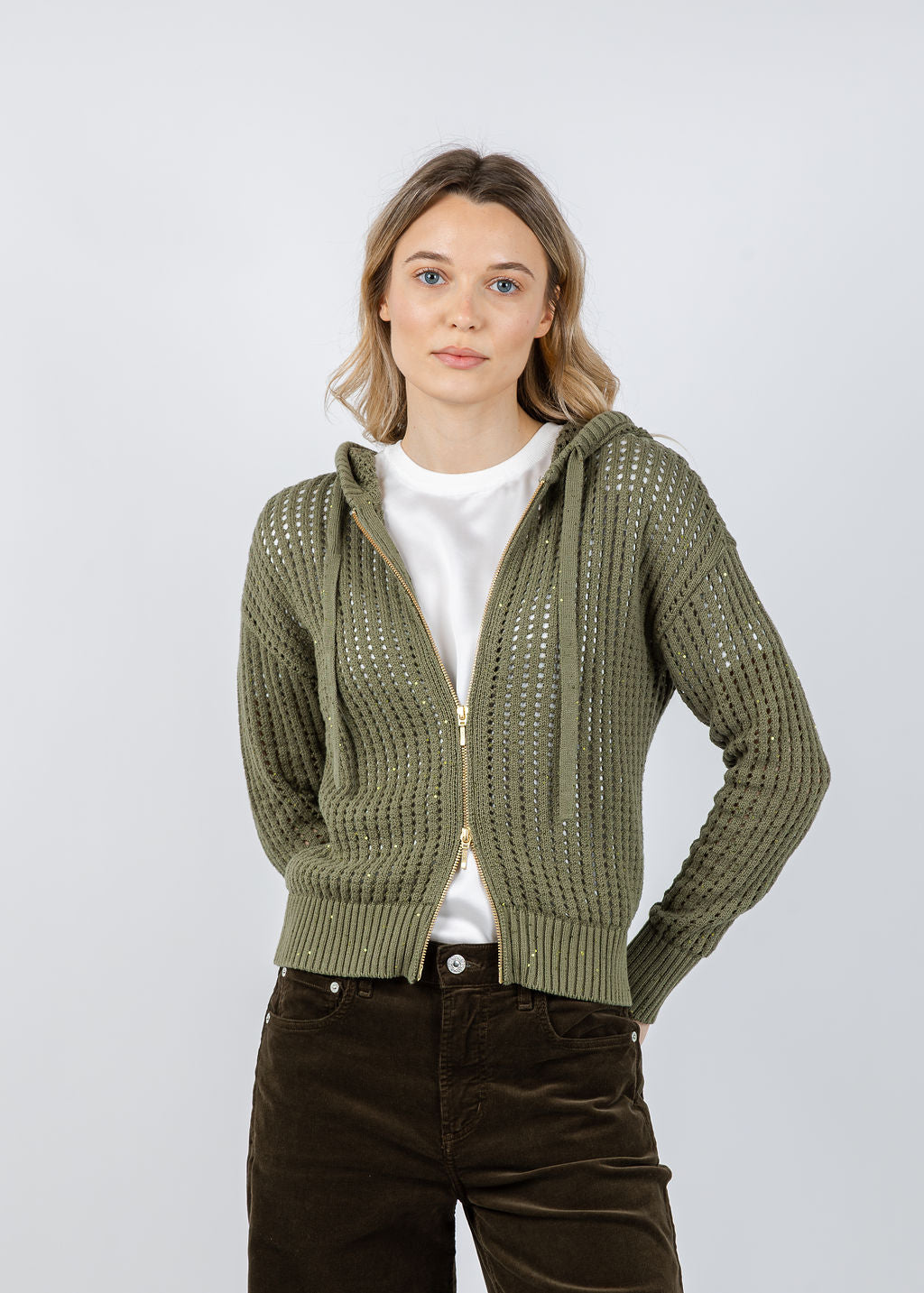 Brodie Astrid Sequin Hoodie in Olive available at Barbara Katz