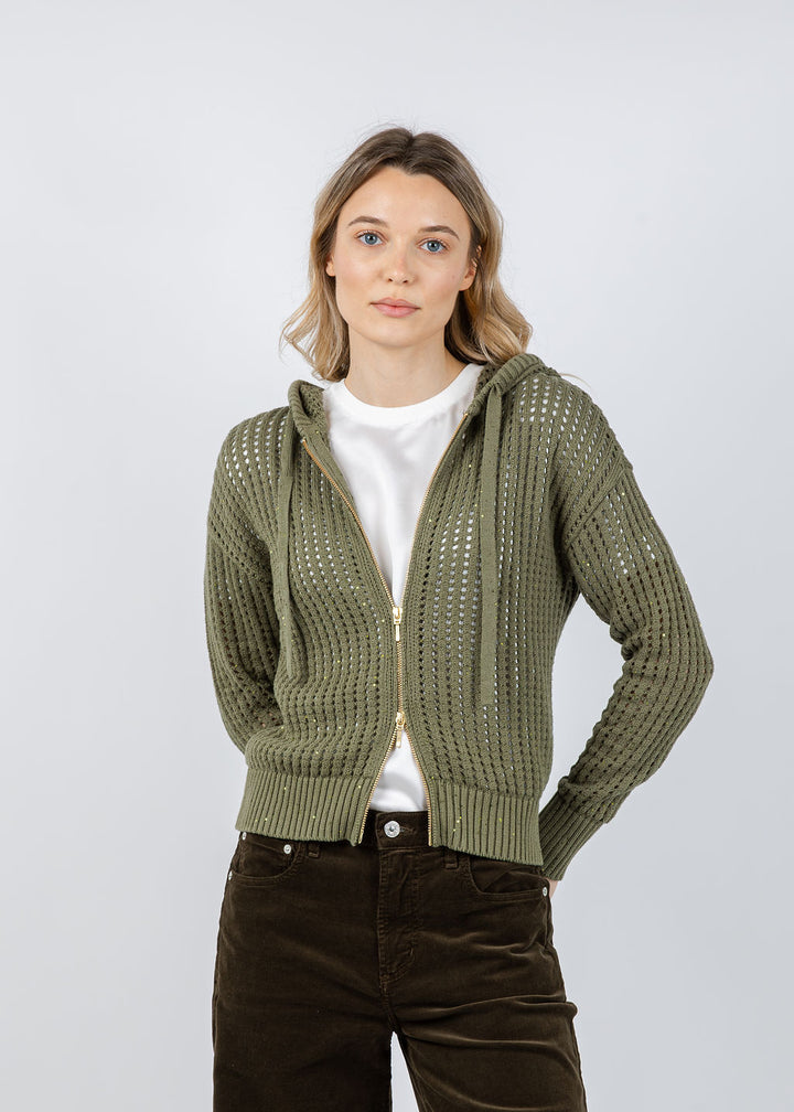 Brodie Astrid Sequin Hoodie in Olive available at Barbara Katz