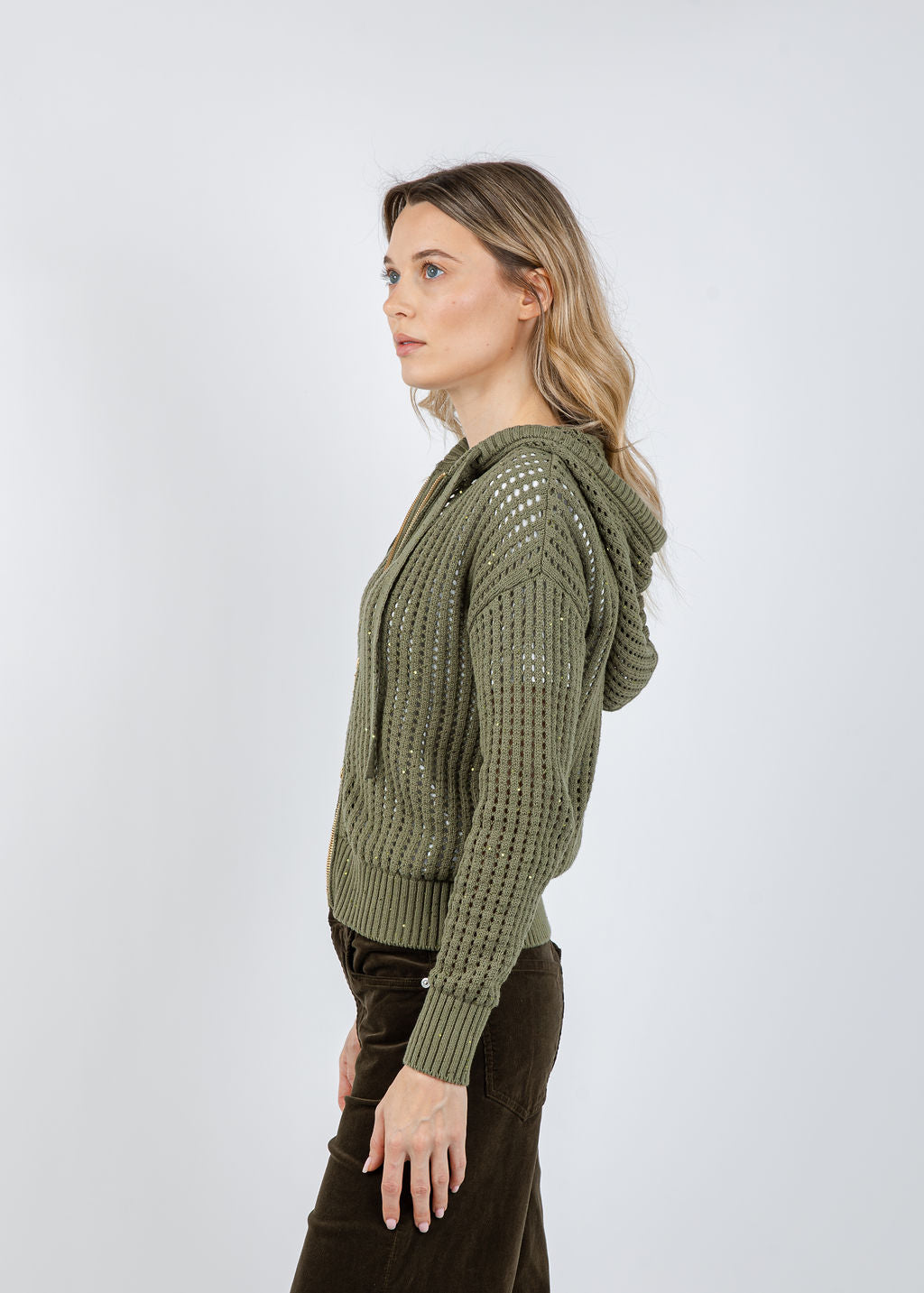 Brodie Astrid Sequin Hoodie in Olive available at Barbara Katz