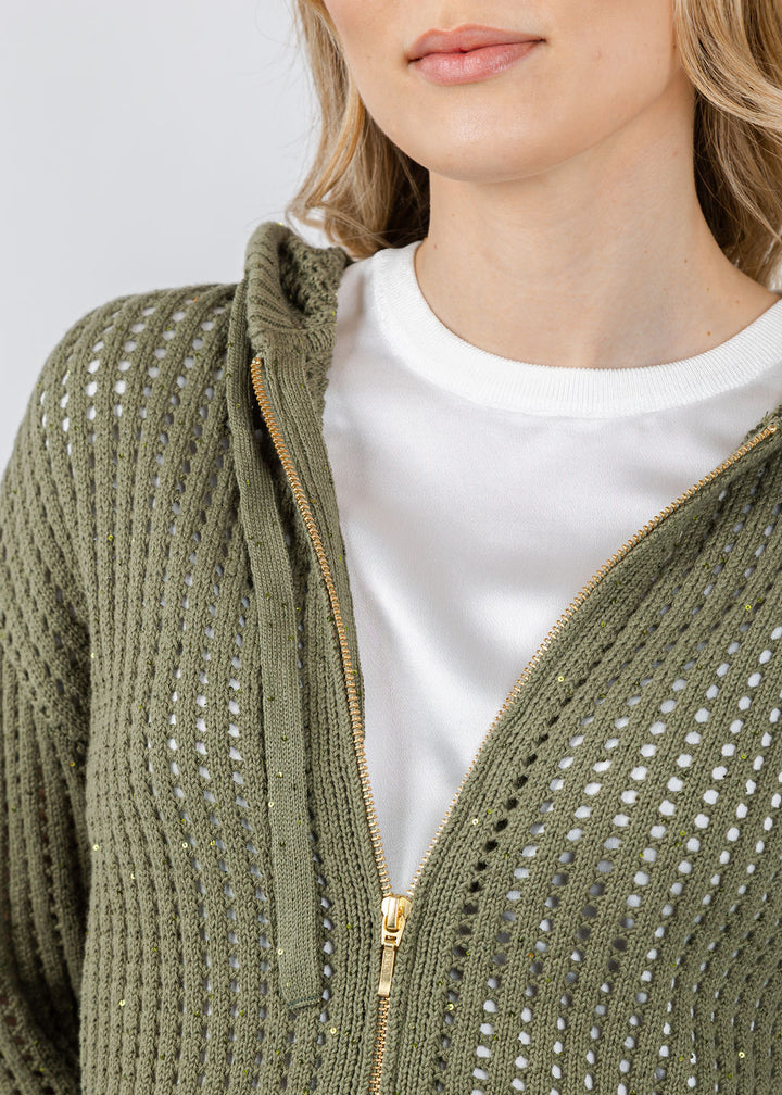 Brodie Astrid Sequin Hoodie in Olive available at Barbara Katz