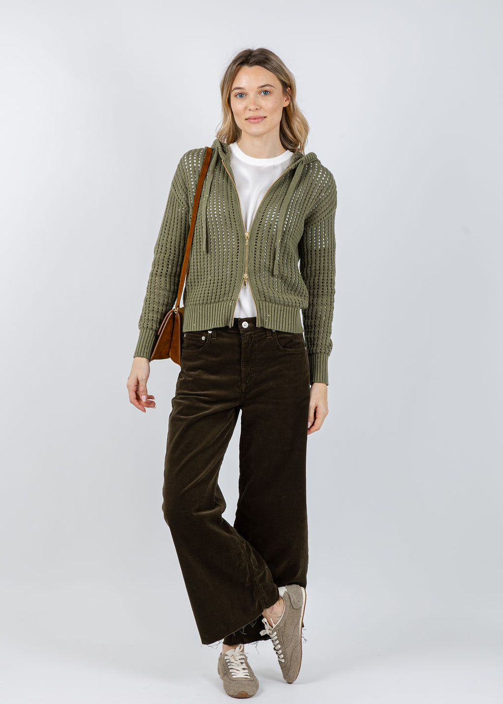 Brodie Astrid Sequin Hoodie in Olive available at Barbara Katz