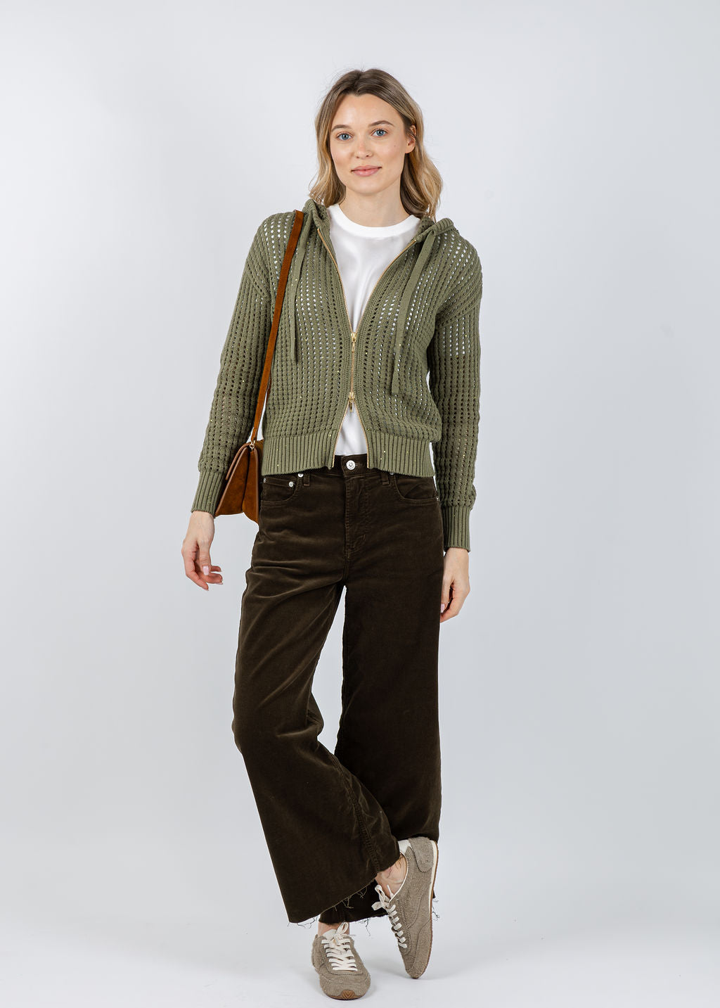 Brodie Astrid Sequin Hoodie in Olive available at Barbara Katz