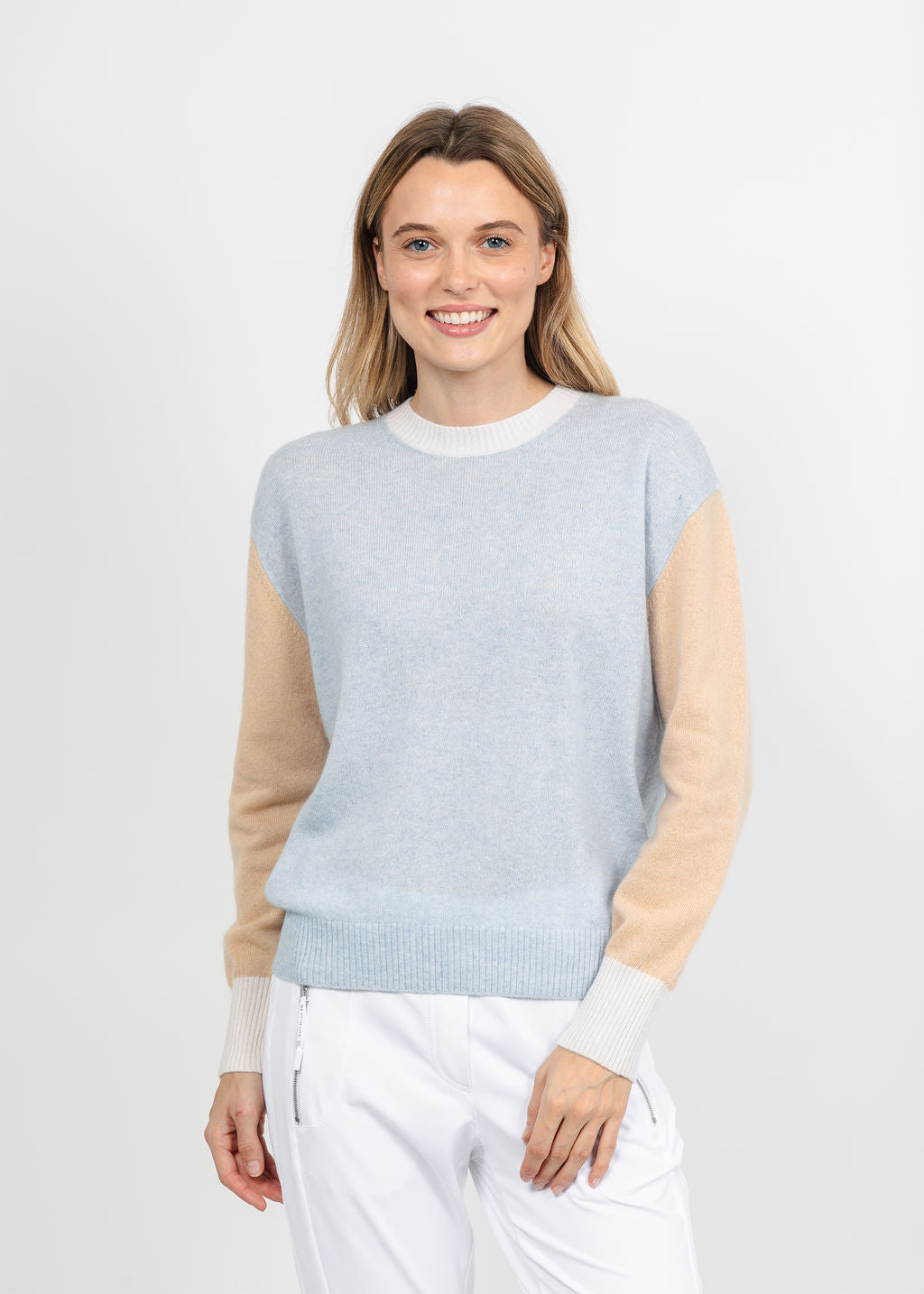Brodie Colour Block Crew Sweater - Blue Mist/Soft Camel/Organic White available at Barbara Katz