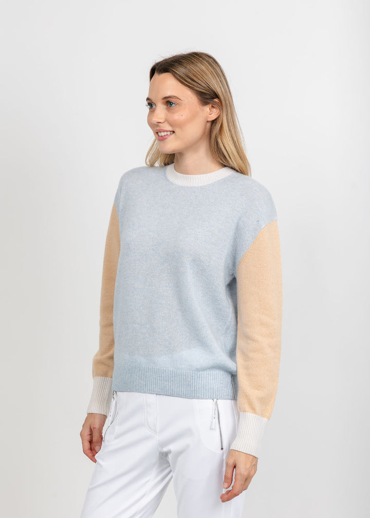 Brodie Colour Block Crew Sweater - Blue Mist/Soft Camel/Organic White available at Barbara Katz
