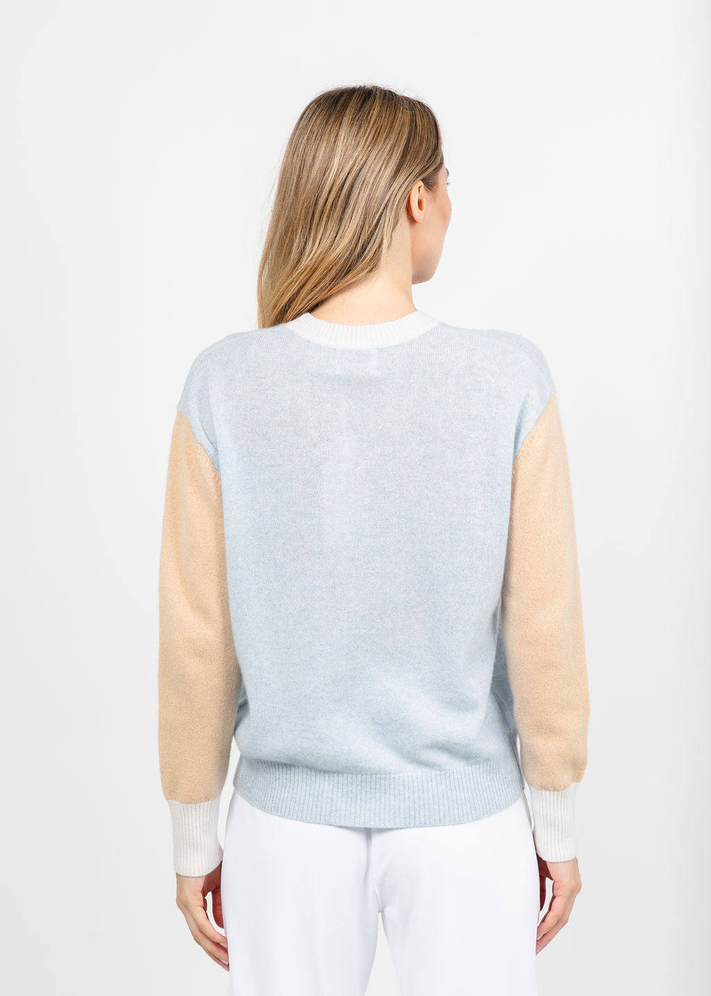 Brodie Colour Block Crew Sweater - Blue Mist/Soft Camel/Organic White available at Barbara Katz