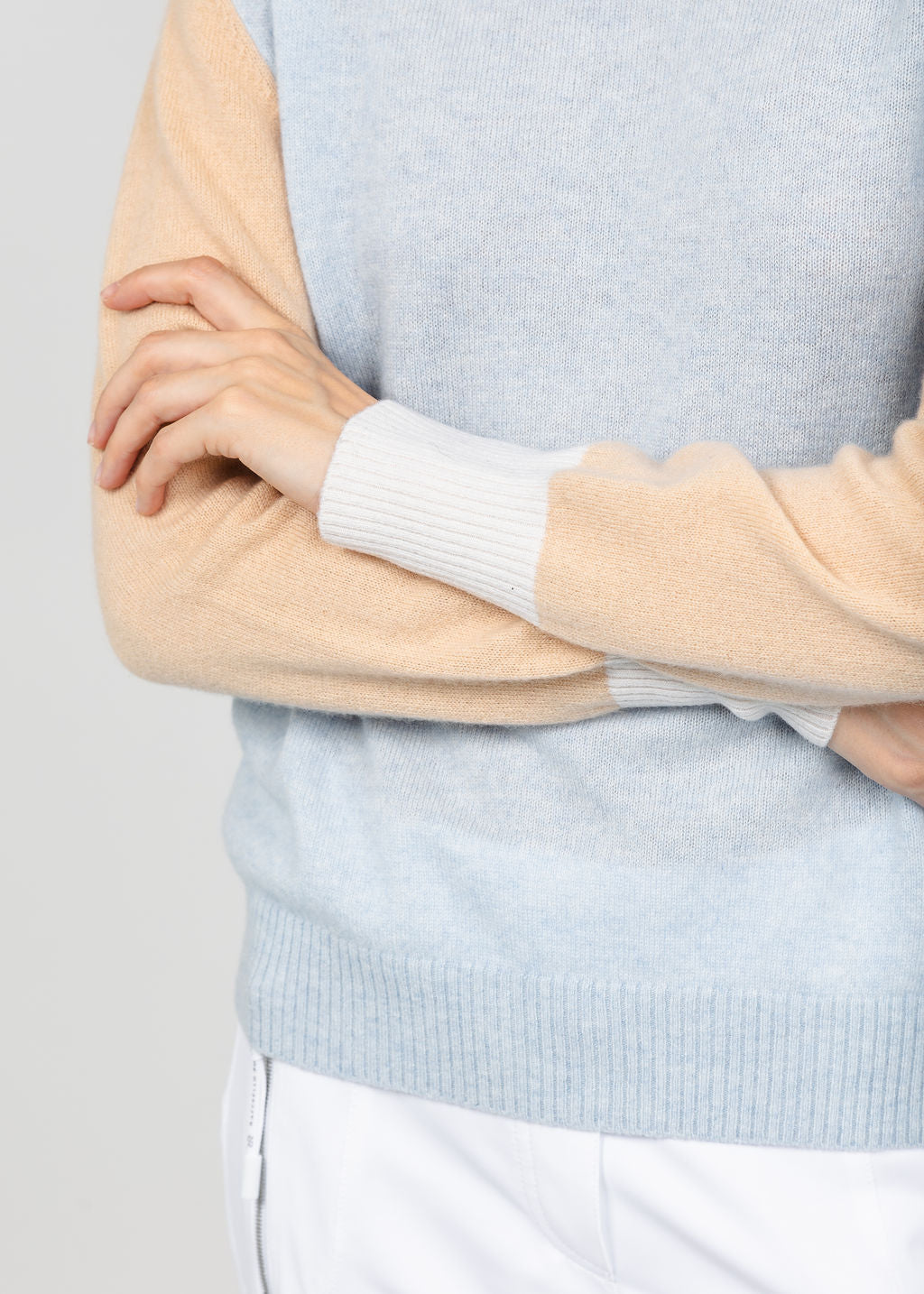 Brodie Colour Block Crew Sweater - Blue Mist/Soft Camel/Organic White available at Barbara Katz