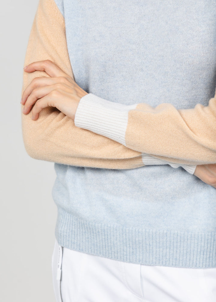 Brodie Colour Block Crew Sweater - Blue Mist/Soft Camel/Organic White available at Barbara Katz