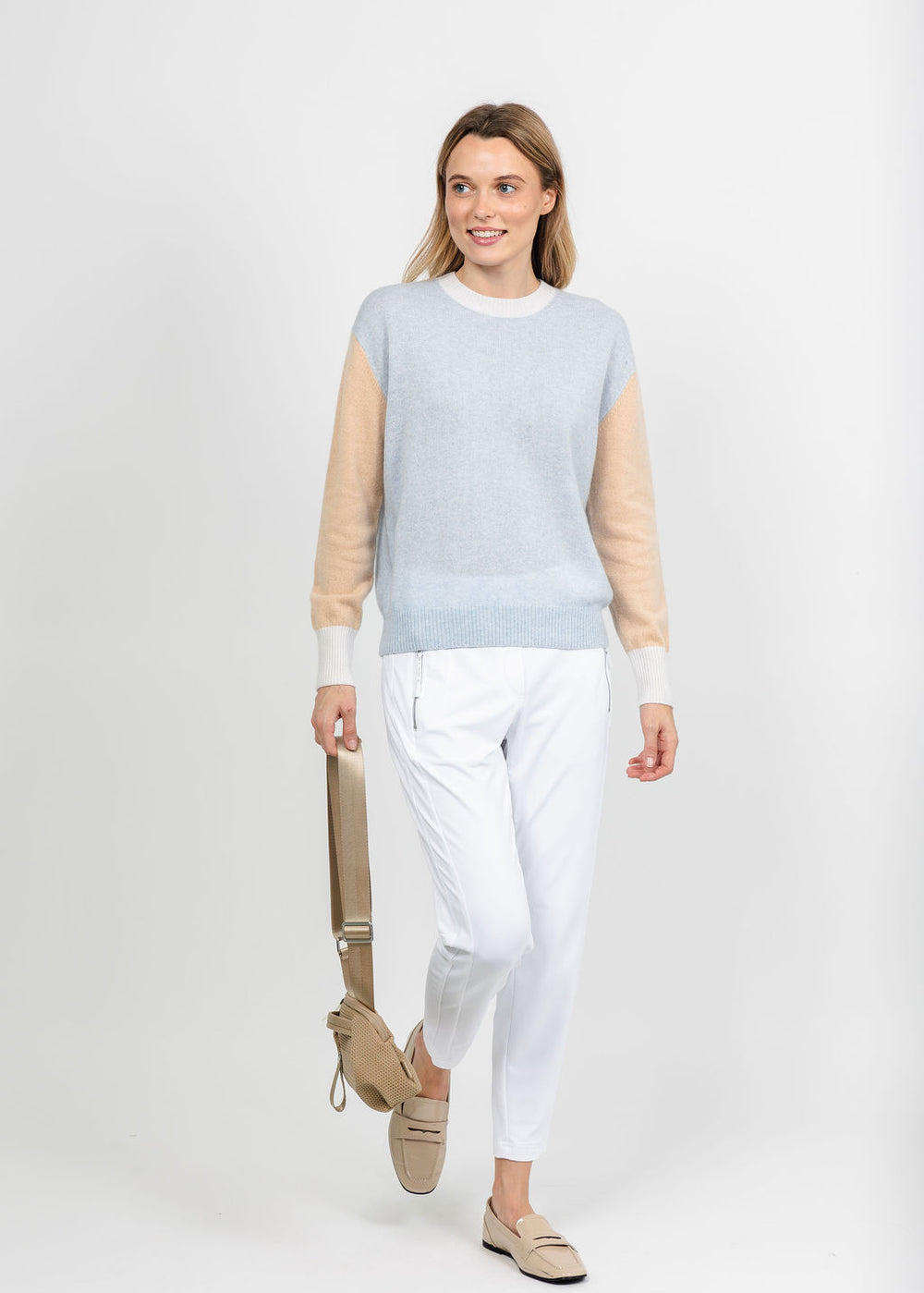 Brodie Colour Block Crew Sweater - Blue Mist/Soft Camel/Organic White available at Barbara Katz