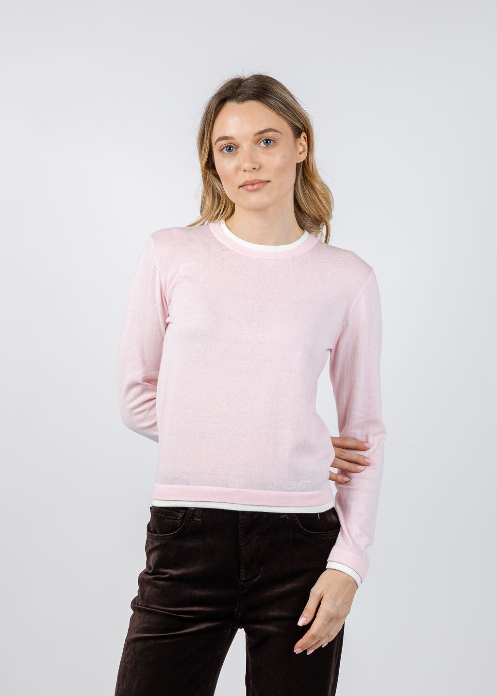 Brodie Double Contrast Trim Crew Sweater in Ballerina/Ivory available at Barbara Katz