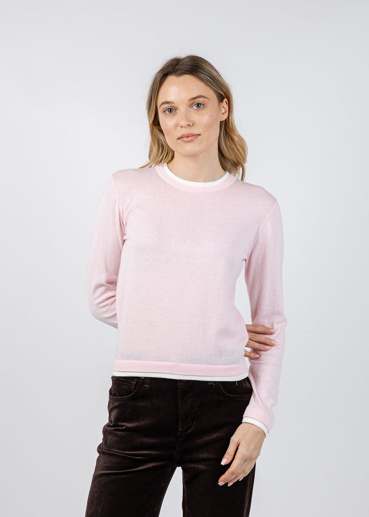 Brodie Double Contrast Trim Crew Sweater in Ballerina/Ivory available at Barbara Katz