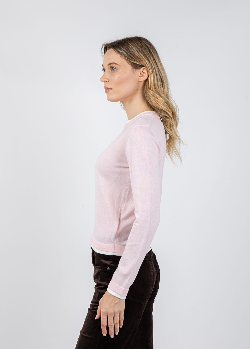 Brodie Double Contrast Trim Crew Sweater in Ballerina/Ivory available at Barbara Katz
