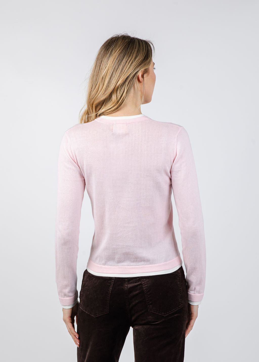 Brodie Double Contrast Trim Crew Sweater in Ballerina/Ivory available at Barbara Katz